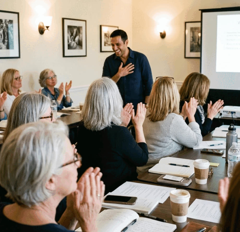 Me leading a workshop, the room applauding