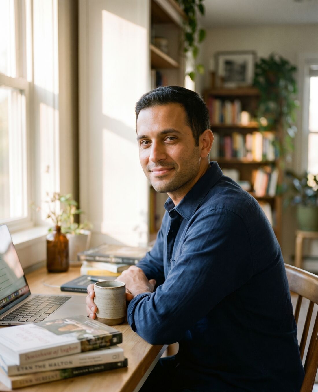 Me at my desk with coffee, books, and my laptop